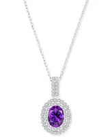 Amethyst (1-1/20 ct. t.w.) & Lab-Grown White Sapphire (1/2 Oval Halo Birthstone Pendant Necklace Sterling Silver, 16" + 2" extender (Also