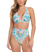 Jessica Simpson Retro Print Bikini Top High Cut Bottom