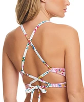 Jessica Simpson Women's Lace-Up Floral-Print Long-Line Bikini Top