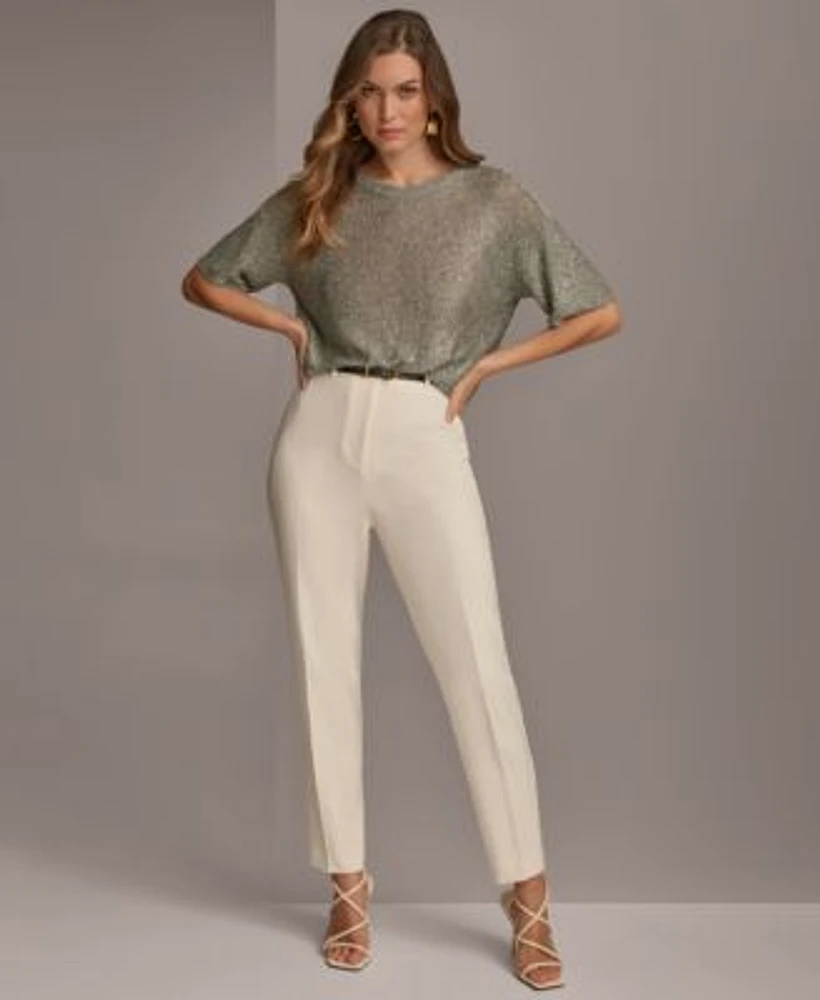 Donna Karan Womens Short Sleeve Sequin Sweater Belted Slim Leg Pant
