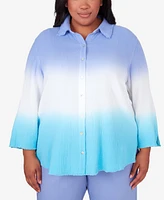 Alfred Dunner Plus Summer Breeze Dip Dye Button Down Blouse