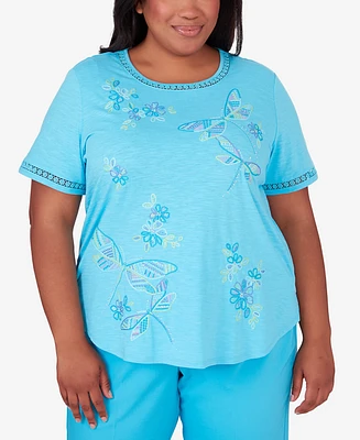 Alfred Dunner Plus Size Summer Breeze Dragonfly Embroidery Top