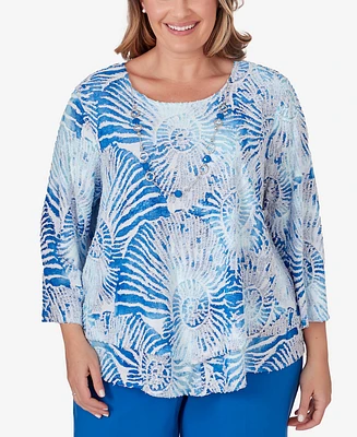 Alfred Dunner Plus Neptune Beach Seashell Embellished Top with Necklace