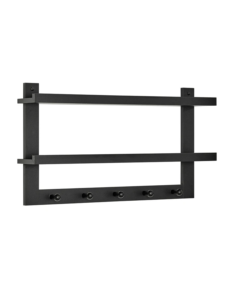 Danya B 2-Tier Ledge Wall Shelf organizer with Five Hanging Coat or towel Hooks, Perfect For Entryway or Bathroom