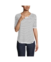 Lands' End Women's Supima Micro Modal Elbow Sleeve Balletneck Curved Hem Stripe Top