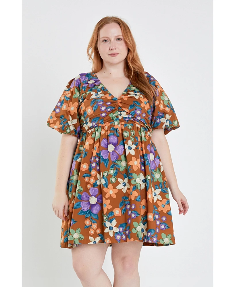 Women's Plus Floral Puffy Sleeve Mini Dress