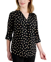 Ak Anne Klein Petite Polka-Dot Pleated Tunic