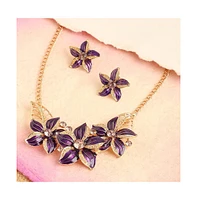 Sohi Women's Purple Enamel Flower Necklace And Earrings (Set Of 2)