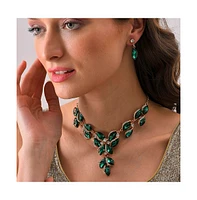 Sohi Women's Green Stone Leaf Necklace And Earrings (Set Of 2)