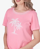 Alfred Dunner Petite Miami Beach Embroidered Palm Tree Short Sleeve Top