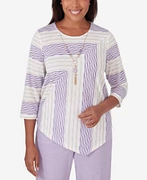 Alfred Dunner Petite Garden Party Spliced Stripe Texture Necklace Top