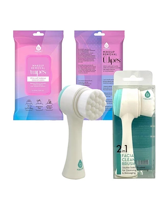 Pursonic Radiant Beauty Bundle: Dual Sided Facial Cleansing Brush & Makeup Removal Wipes