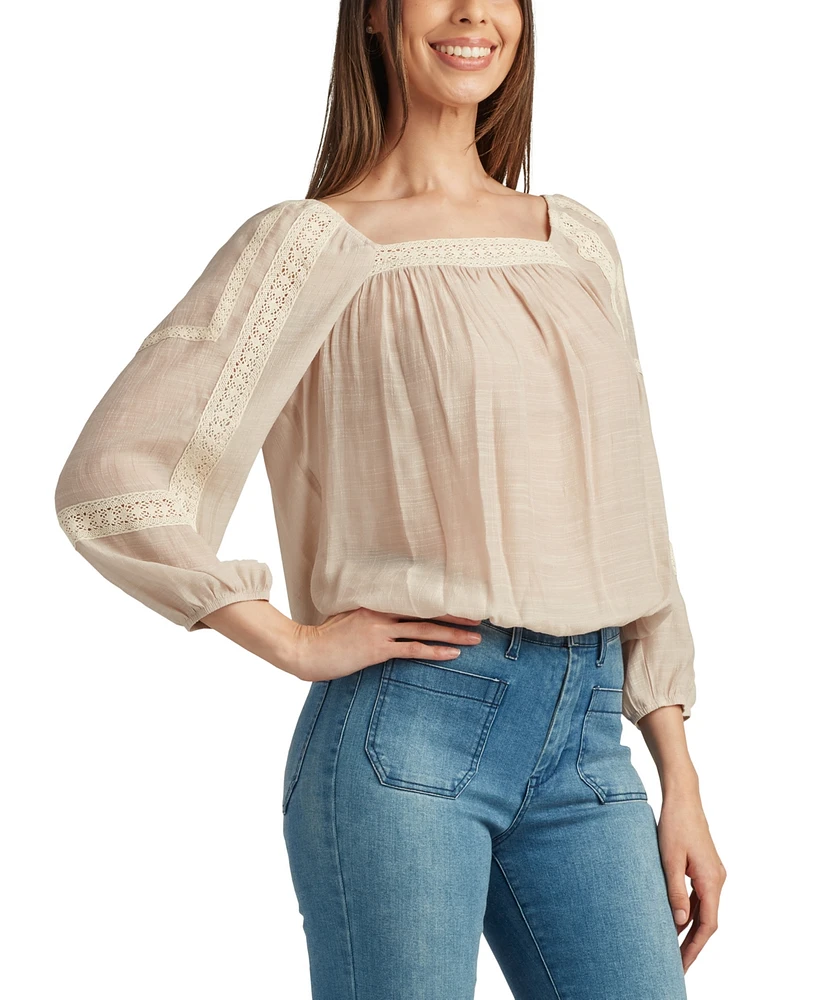 Bcx Juniors' Lace-Trim Tie-Back Peasant Top