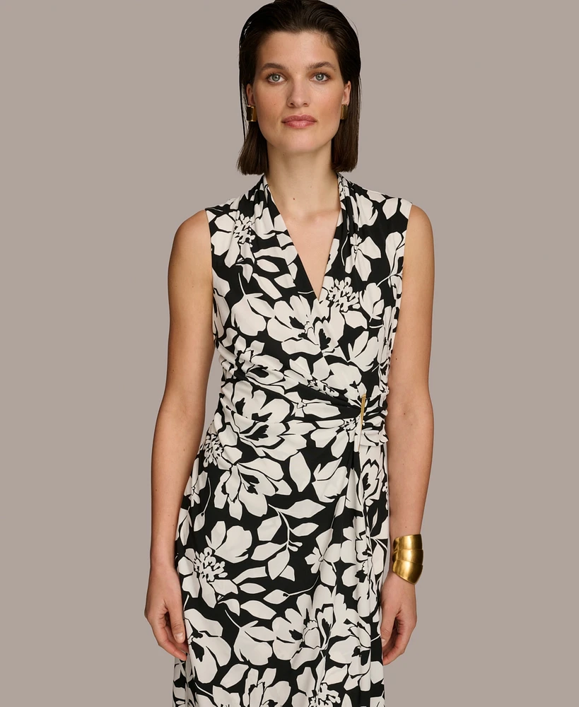 Donna Karan Women's Floral Print Gathered Sleeveless Midi Dress