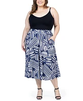 24seven Comfort Apparel Plus Pleated Print Midi Skirt with Pockets