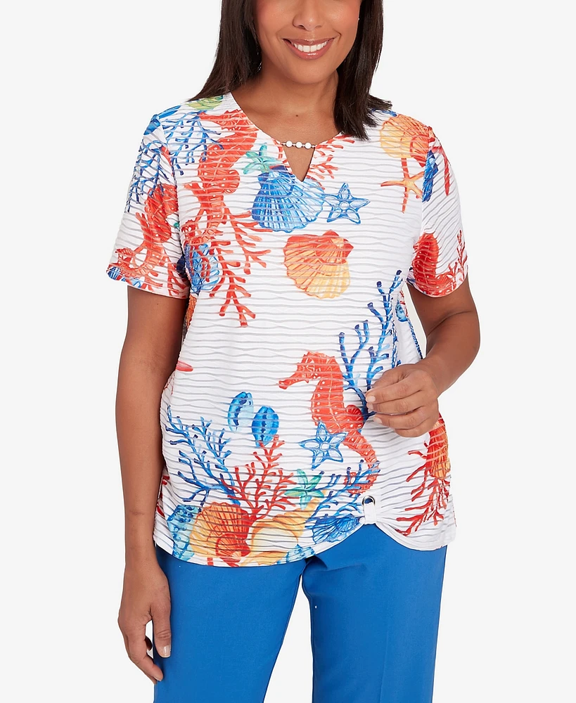 Alfred Dunner Petite Neptune Beach Seahorse Textured Short Sleeve Top