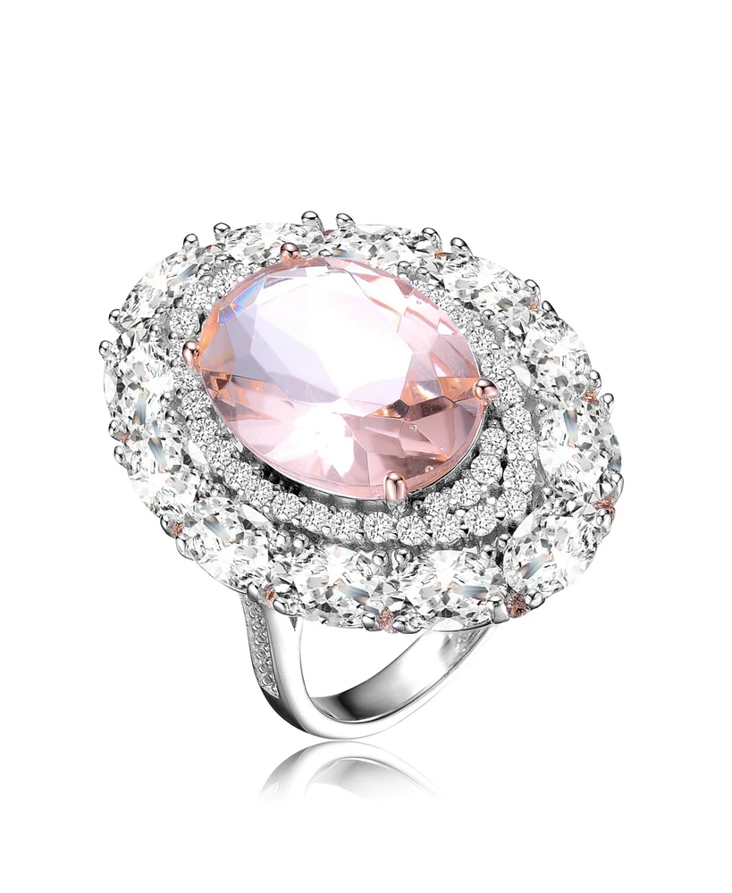 Sterling Silver with White Gold Plated Morganite Oval Clear Round Cubic Zirconia Halo Ring