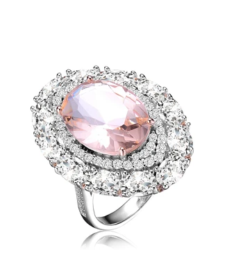 Sterling Silver with White Gold Plated Morganite Oval Clear Round Cubic Zirconia Halo Ring