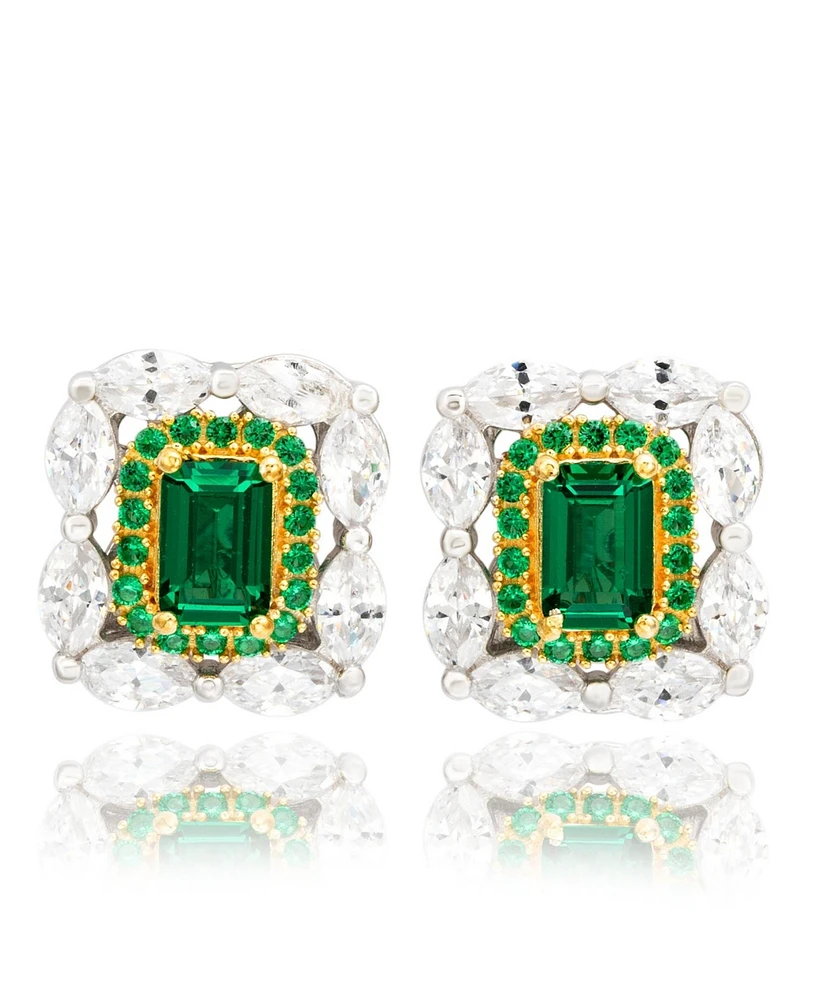 Suzy Levian New York Sterling Silver Cubic Zirconia Multi-Cut Royal Halo Emerald-Cut Stud Earrings