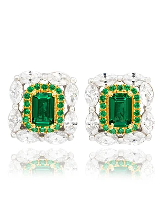 Suzy Levian Sterling Silver Cubic Zirconia Multi-Cut Royal Halo Emerald-Cut Stud Earrings