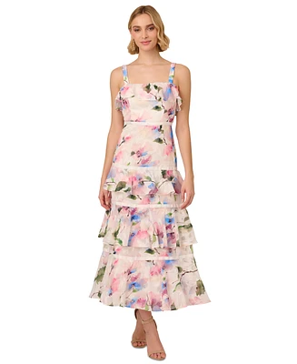 Adrianna Papell Women's Printed Straight-Neck Tiered Chiffon Dress