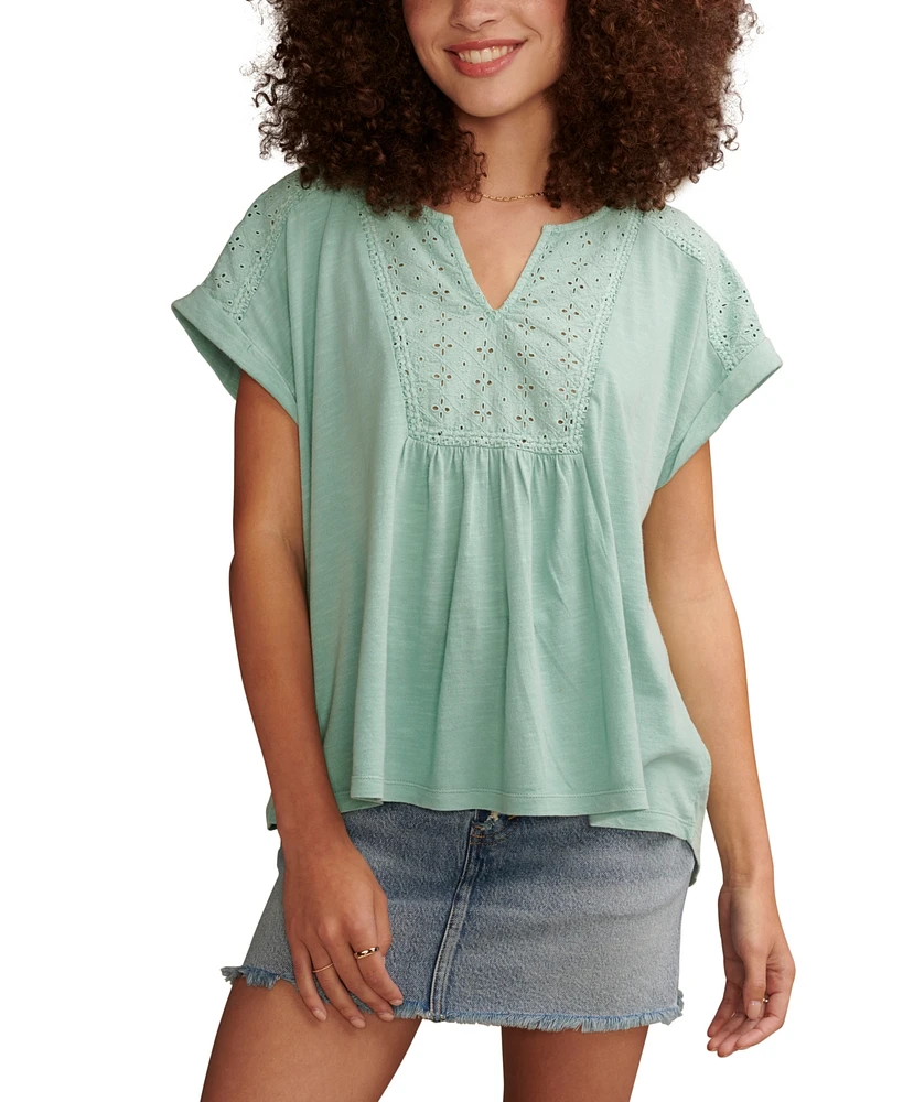 Lucky Brand Women's Eyelet-Trim Split-Neck T-Shirt