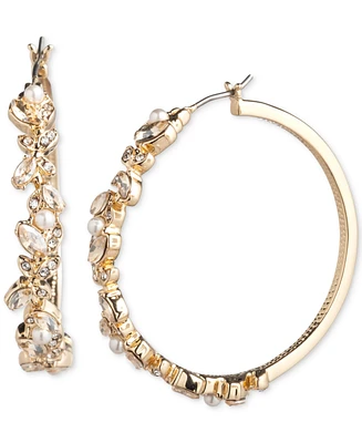 Marchesa Gold-Tone Crystal & Imitation Pearl Vine Leaf Medium Hoop Earrings, 1.4"