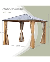 Aoodor 10 x 10 ft. Wooden Finish Coated Aluminum Frame Gazebo with Polycarbonate Roof, Outdoor Gazebos with Curtains and Nettings, for Patio Backyard