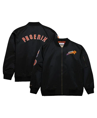 Men's Mitchell & Ness Black Distressed Phoenix Suns Hardwood Classics Vintage-Like Logo Full-Zip Bomber Jacket