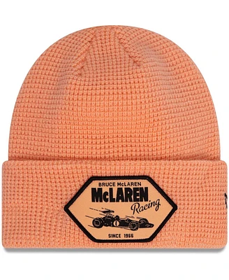 Men's New Era Coral Distressed McLaren F1 Team Heritage Patch Cuffed Knit Hat