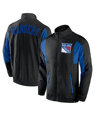 Men's Fanatics Black New York Rangers Step Up Crinkle Raglan Full-Zip Windbreaker Jacket