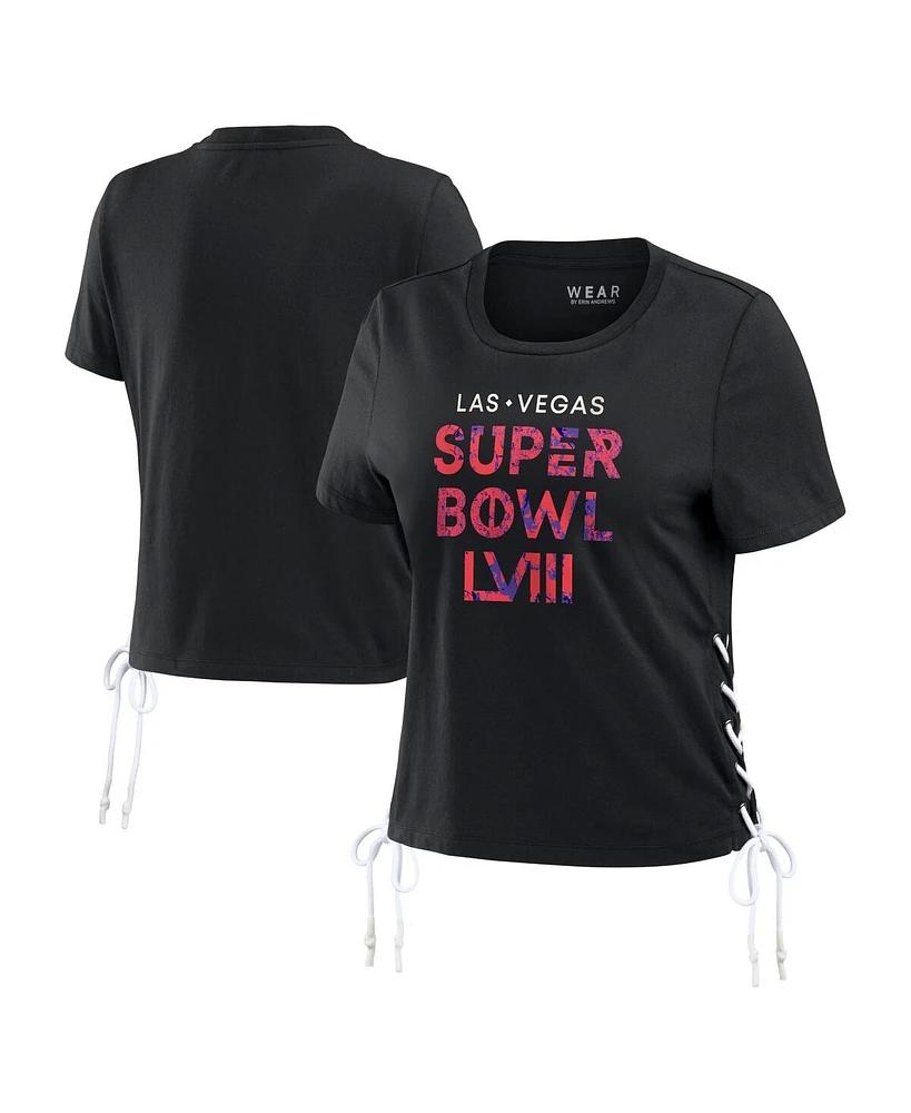 Women's Wear by Erin Andrews Black Super Bowl Lviii Cropped Lace-Up T-shirt