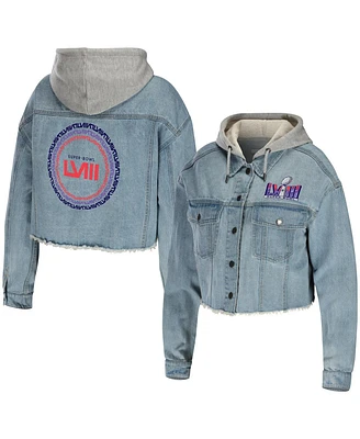 Women's Wear by Erin Andrews Denim Super Bowl Lviii Cropped Hoodie Full-Snap Jacket