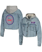 Women's Wear by Erin Andrews Denim Super Bowl Lviii Cropped Hoodie Full-Snap Jacket