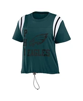 Women's Wear by Erin Andrews Midnight Green Distressed Philadelphia Eagles Cinched Colorblock T-shirt