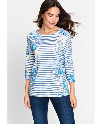 Olsen Women's 100% Cotton 3/4 Sleeve Multi-Print T-Shirt