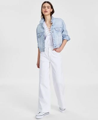 Dkny Jeans Womens Oversized Crop Logo Jacket Lace Up V Neck Short Sleeve T Shirt High Rise Flare Leg Jeans
