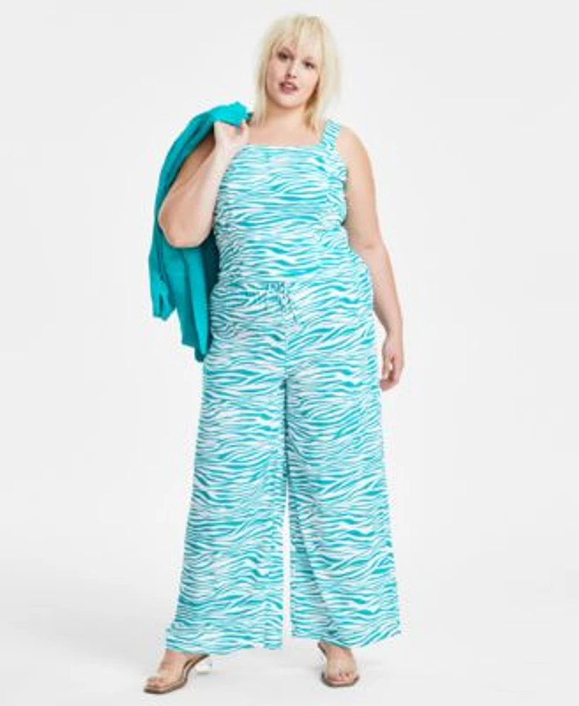 Bar Iii Trendy Plus Size Printed Sleeveless Square Neck Tank Printed Pull On Wide Leg Pants Created For Macys