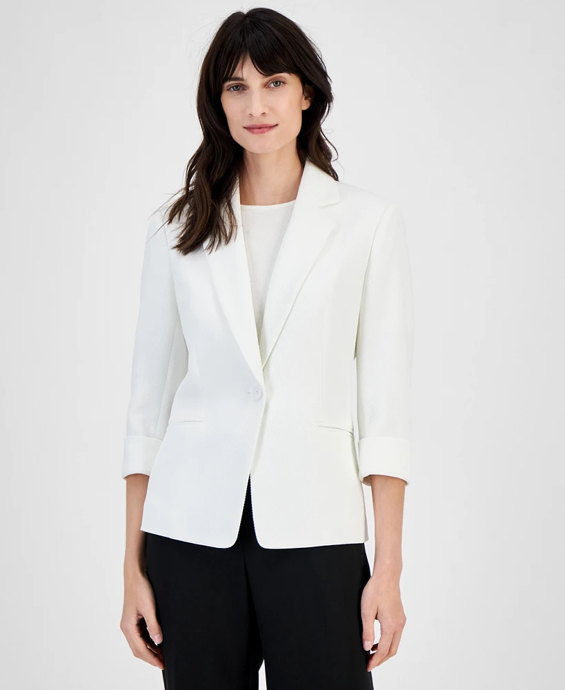 Kasper Petite Notch-Lapel Single-Button Pique Blazer