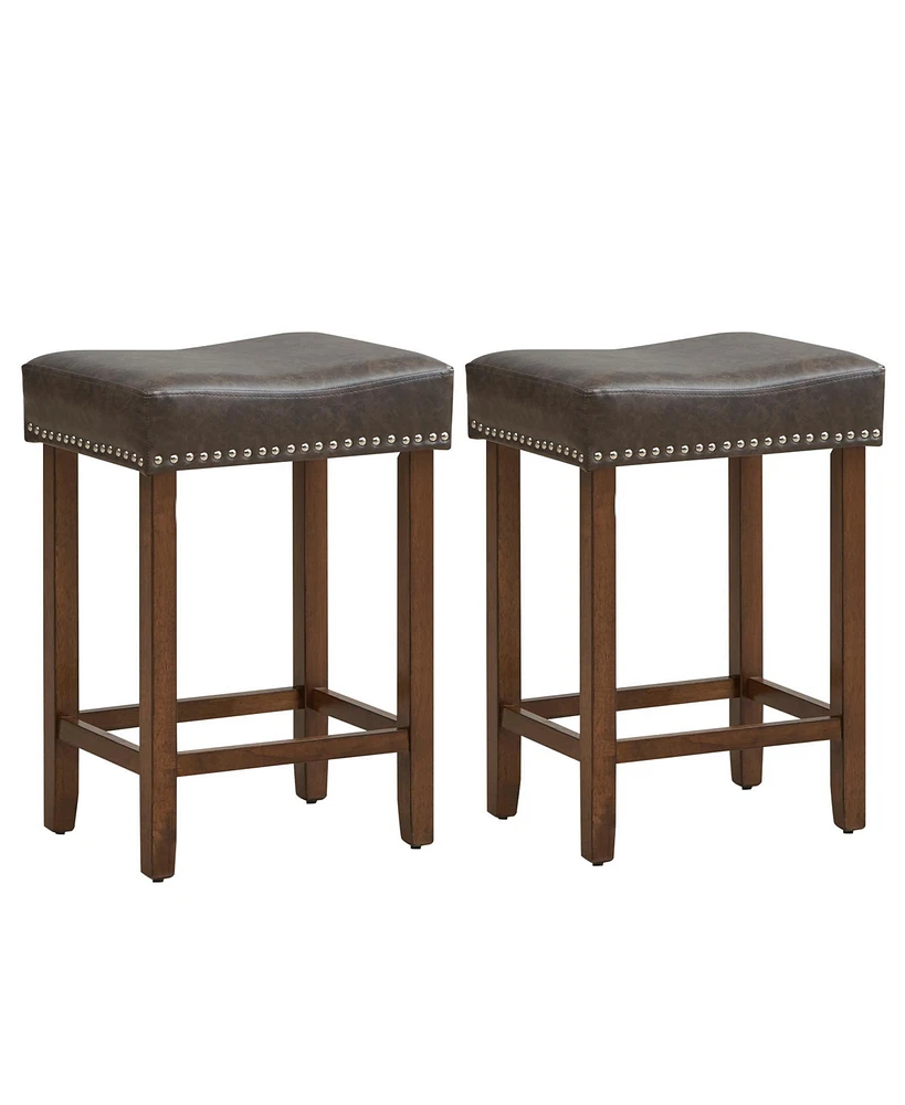 Costway 24" Upholstered Bar Stools Set of 2 with Footrests Rubberwood Frame Saddle-shaped