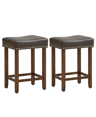 Costway 24" Upholstered Bar Stools Set of 2 with Footrests Rubberwood Frame Saddle-shaped