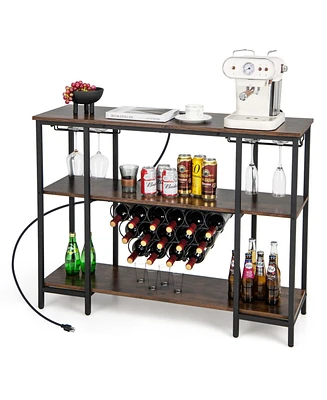Costway Cabinet Bar Table Rack for Drinks Glasses with Power Outlets