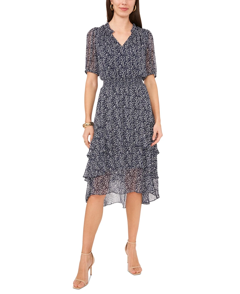 Vince Camuto Women's Printed Puff Sleeve Tiered Midi Dress