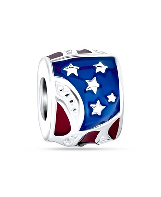 Red White Blue Stripe Holiday American Usa Patriotic Flag Star Charm Barrel Bead For Womens .925 Sterling Silver Fits European Bracelet