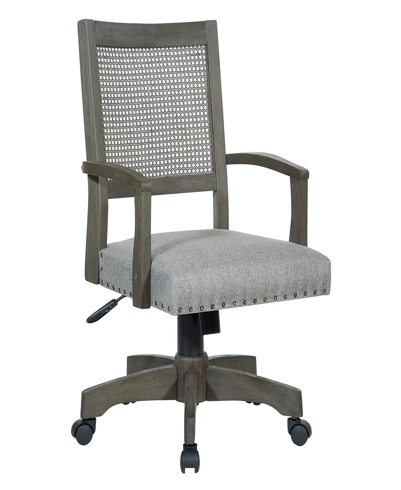 Office Star Deluxe Solid Wood and Cane Back 26.4" x 42" Bankers Chair with Antique-Like Gray Finish Frame and Gray Fabric Seat