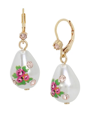 Betsey Johnson Faux Stone Floral Imitation Pearl Drop Earrings