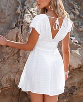 Women's White Dolman Sleeve Smocked Waist Cover-Up Dress