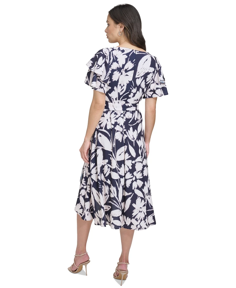 Dkny Women's Printed Flutter-Sleeve High-Low Dress