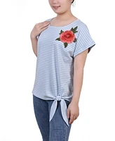 Ny Collection Women's Short Sleeve Embroidered Tie Front Top