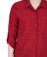 Ny Collection Women's Long Roll Tab Sleeve Jacquard Blouse